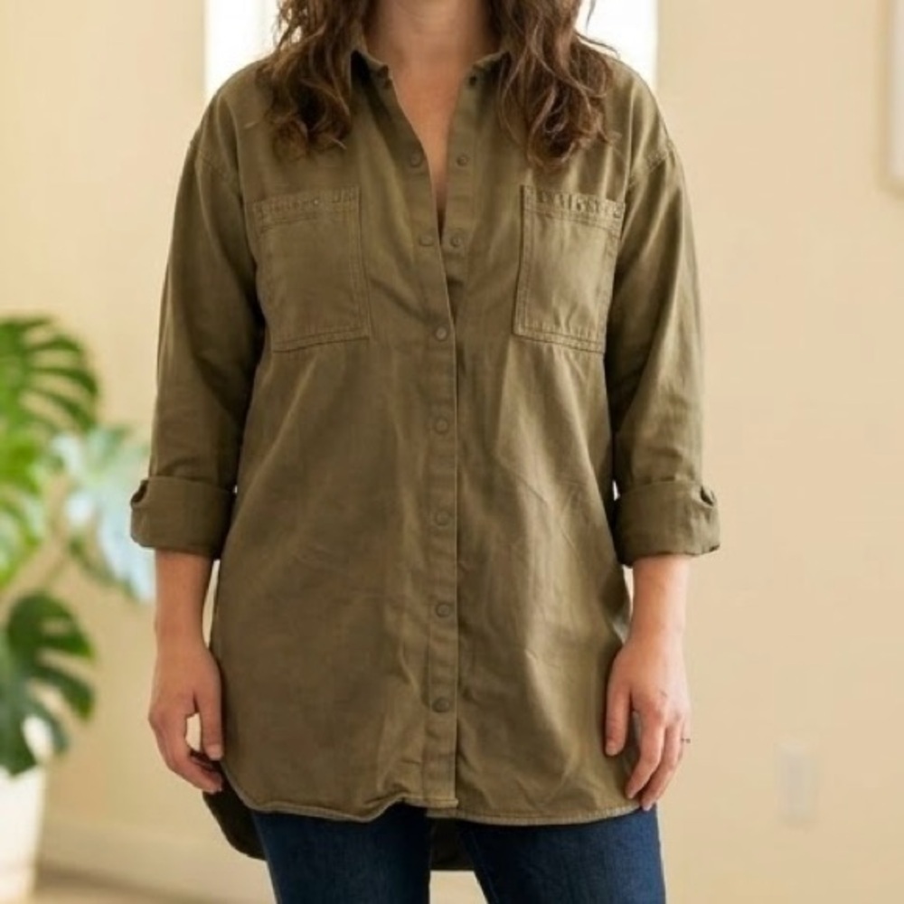 ONLY Olive Green Utility Tunic Shacket Studded Pockets Khaki Lagenlook Oversized